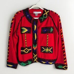 Vintage Michael Simon Cardigan Sweater 1991 Aztec L/XL Southwestern Red Women's